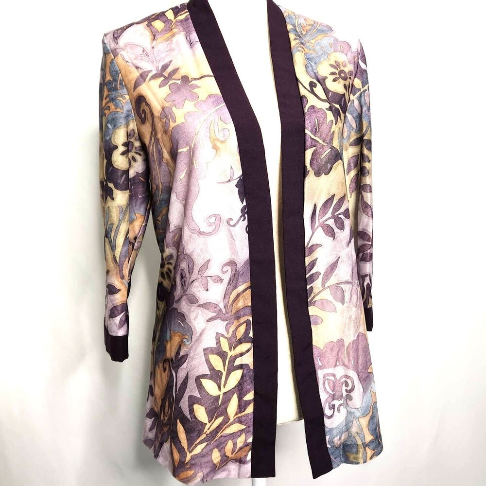 Sara Morgan Purple Duster Size M Semi Sheer Open Front Floral Classic Style